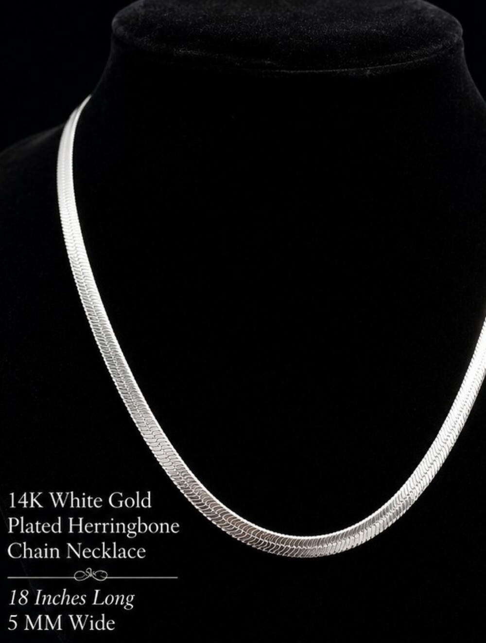 Vintage NOS 14K White Gold Plated 5mm Herringbone Necklace 18" Flat Snake Chain